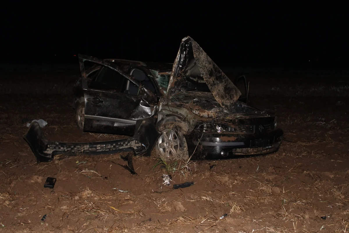 Avto brebil zaščitno ograjo in se prevračal po polju.